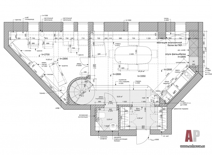План первого этажа двухэтажной квартиры в историческом доме на Патриарших прудах. Общая площадь – 127 кв. м.