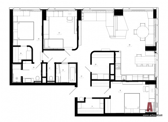 Планировка семейной квартиры в ЖК «Небо». Общая площадь – 133 кв. м.