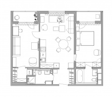 Планировка трехкомнатной квартиры в малоэтажном доме-новостройке в пригороде Санкт-Петербурга. Общая площадь – 74 кв. м.