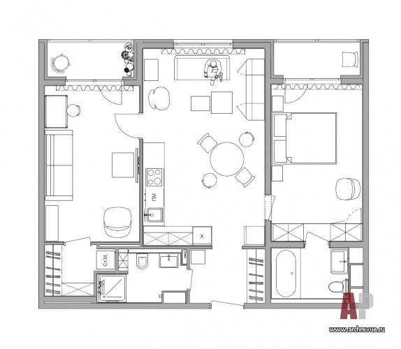 Планировка трехкомнатной квартиры в малоэтажном доме-новостройке в пригороде Санкт-Петербурга. Общая площадь – 74 кв. м.
