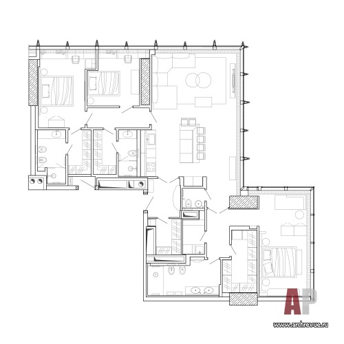План семейной квартиры в высотке Москва-Сити. Общая площадь - 160 кв. м.