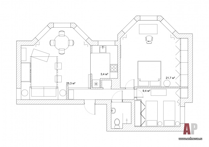 План трехкомнатной квартиры в Лондоне. Общая площадь – 85 кв. м.