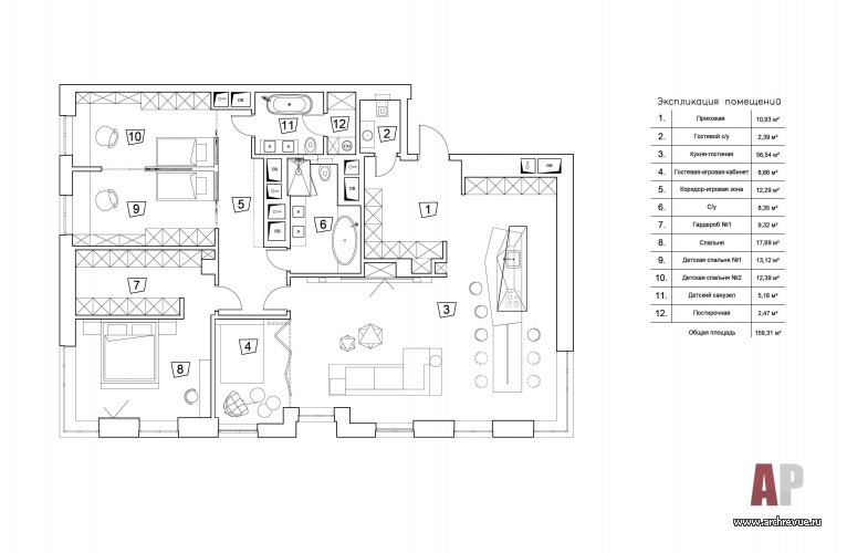 План объединения двух квартир в одну. Общая площадь – 159 кв. м.