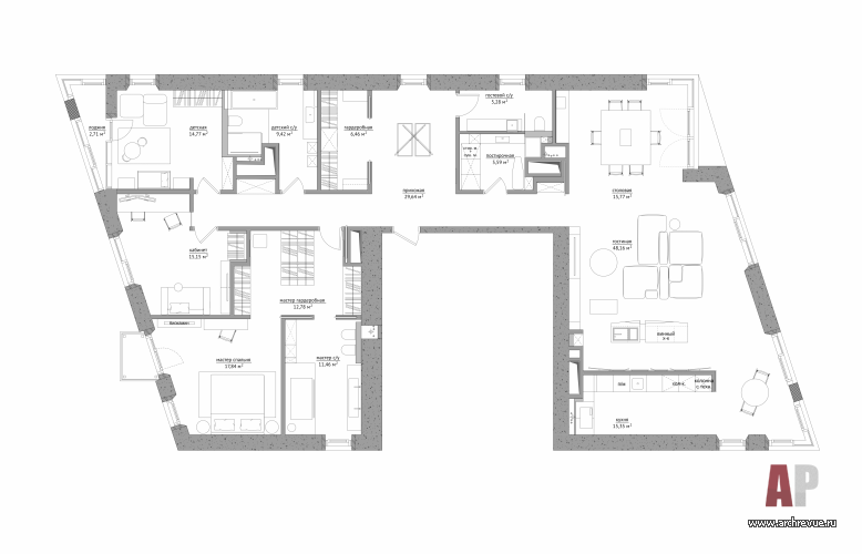 План 4-х комнатной квартиры в ЖК «Садовые кварталы». Общая площадь – 210 кв. м.