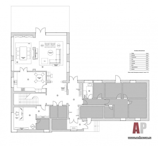 План первого этажа двухэтажного дома в коттеджном поселке «Клуб 2071» (проект архитектора Сергея Скуратова).