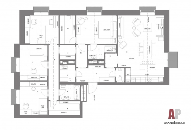 План семейной квартиры с тремя детскими. Общая площадь – 155 кв. м.
