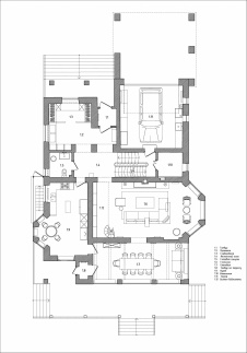 План первого этажа дома с мансардой. Общая площадь – 550 кв. м.