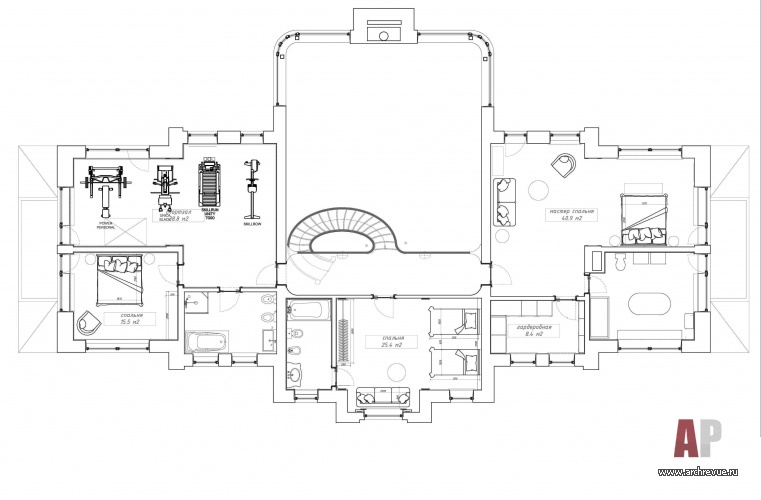 План второго этажа классического двухэтажного дома в Подмосковье. Общая площадь – 700 кв. м.