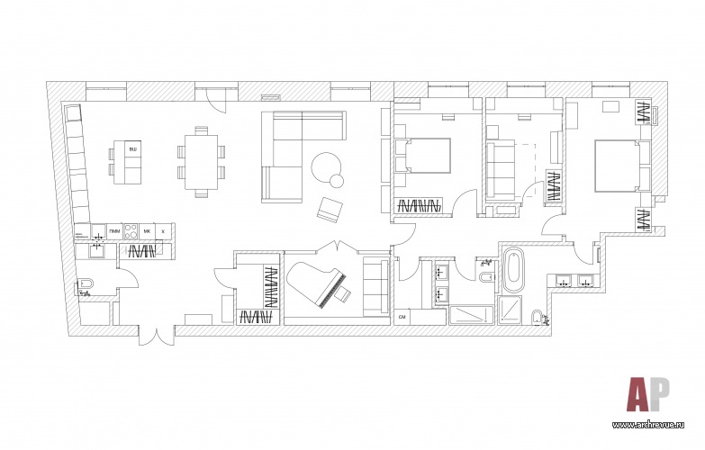 Планировка 4-х комнатной квартиры в дореволюционном доходном доме. Общая площадь – 160 кв. м.