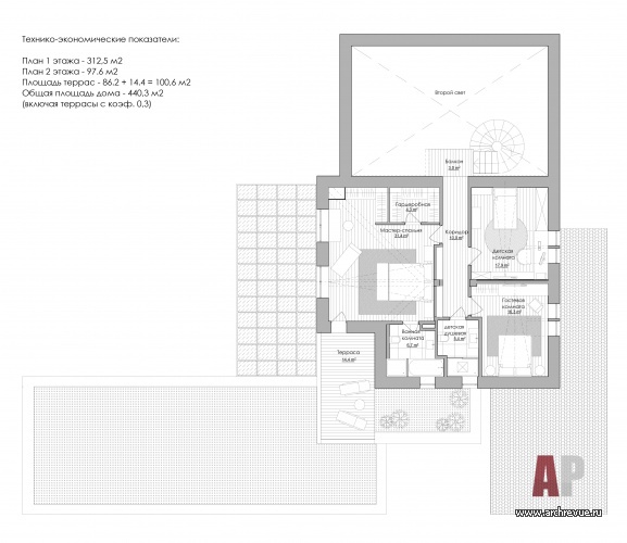 План второго этажа двухэтажного дома в Подмосковье. Общая площадь – 440 кв. м.