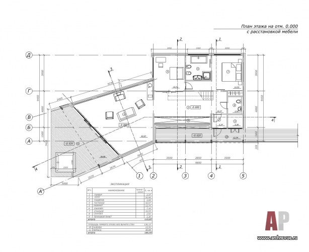Планировка первого этажа деревянного дома Пазл. Общая площадь - 206 кв. м.