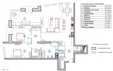 Планировка трехкомнатной квартиры площадью 178, 2 кв. м с совмещенной гостиной-кухней.