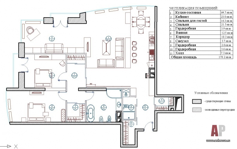 Планировка трехкомнатной квартиры площадью 178, 2 кв. м с совмещенной гостиной-кухней.