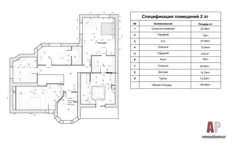 План второго этажа с расстановкой мебели 2-х этажного дома площадью 350 кв. м.