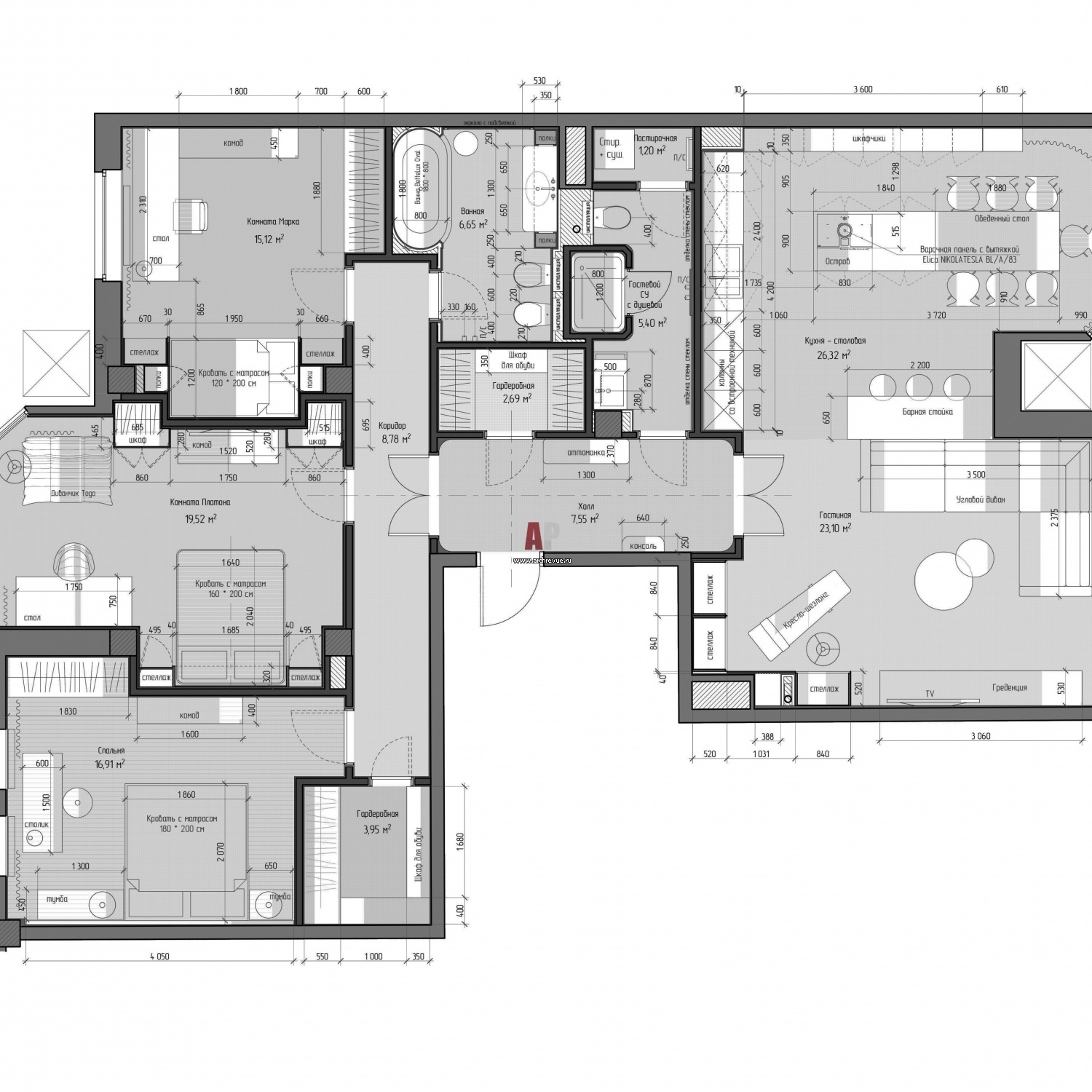 Перепланировка семейной квартиры, общая площадь – 150 кв. м.