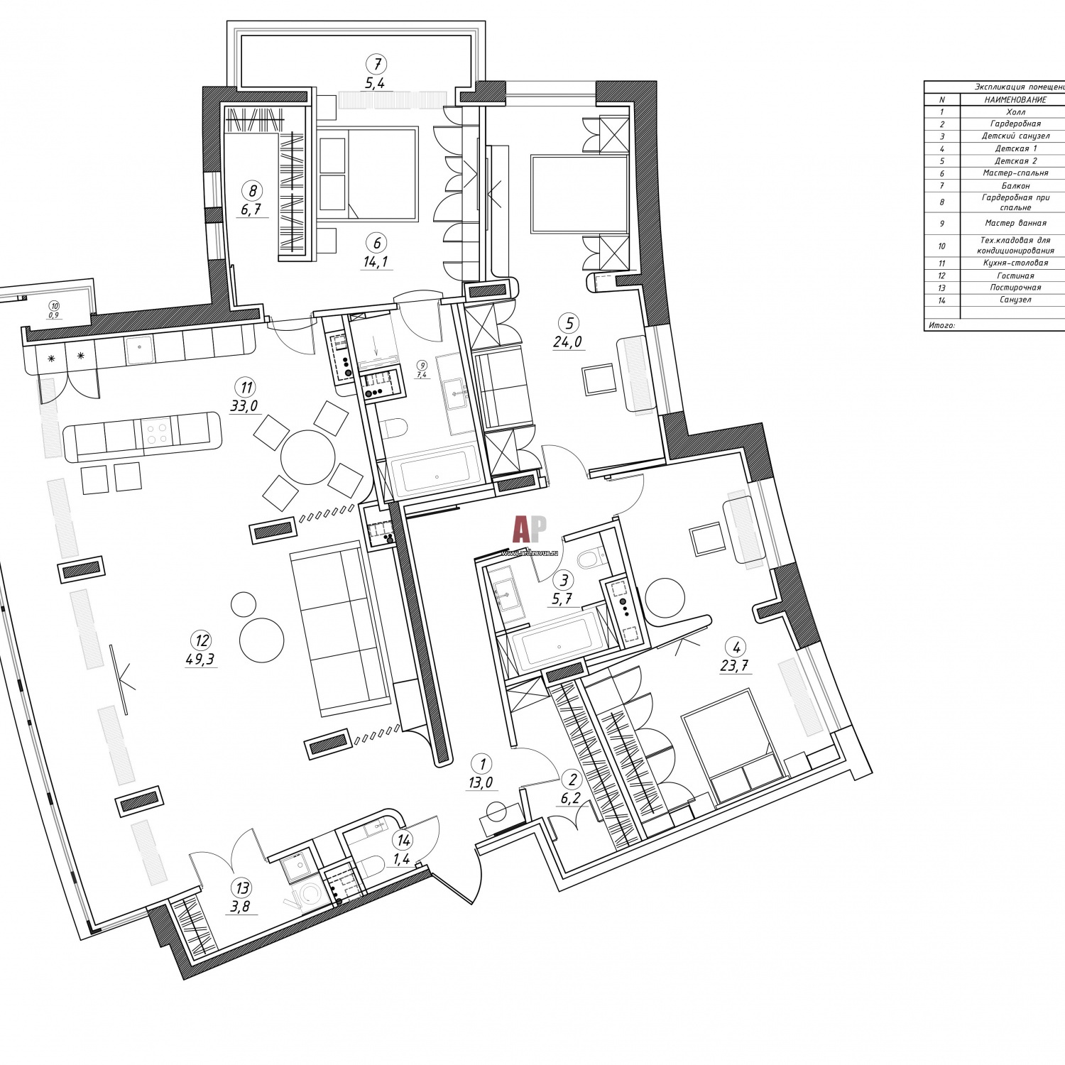 Перепланировка 4-х комнатной квартиры в новом ЖК, 220 кв. м.