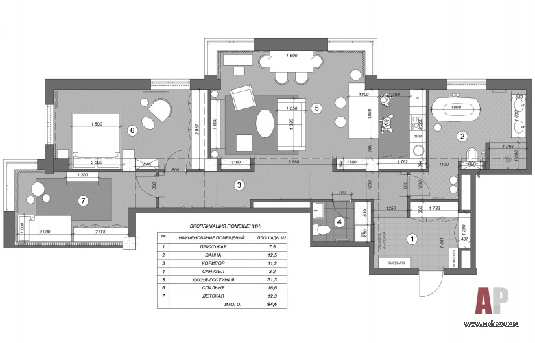 Перепланировка 3-х комнатной квартиры в старом жилом фонде. Общая площадь – 90 кв. м.