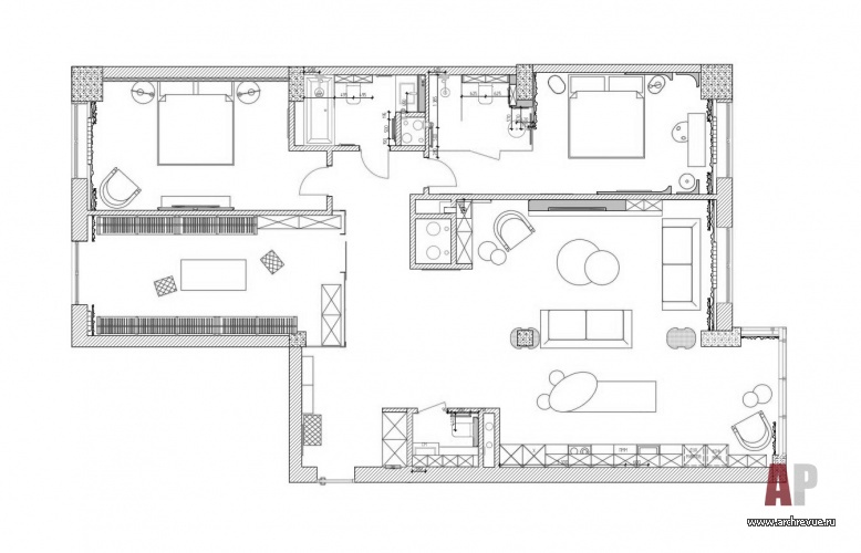 Перепланировка чытерхкомнатной квартиры в ЖК премиум-класса. Общая площадь - 150 кв. м.