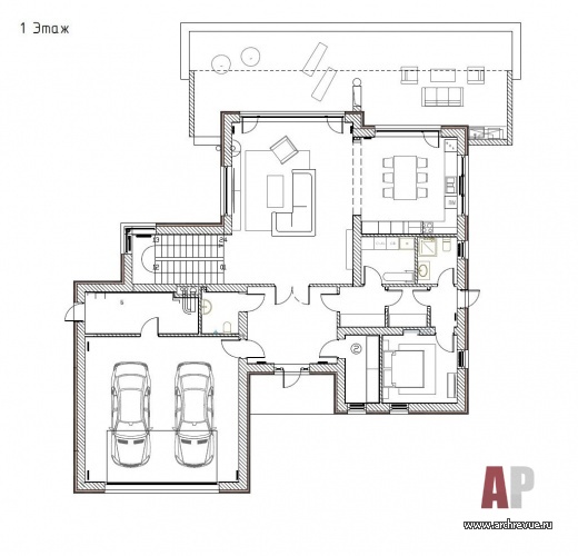 План первого этажа двухэтажного дома в современном стиле. Общая площадь – 680 кв. м.