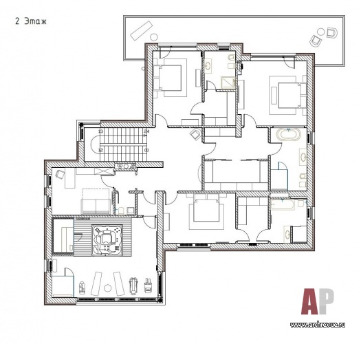 План второго этажа двухэтажного дома в современном стиле. Общая площадь – 680 кв. м.