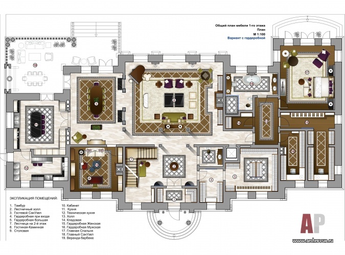 План первого этажа четырехэтажного дома в стиле ар-деко.