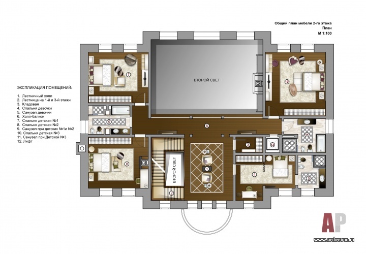 План второго этажа четырехэтажного дома в стиле ар-деко.