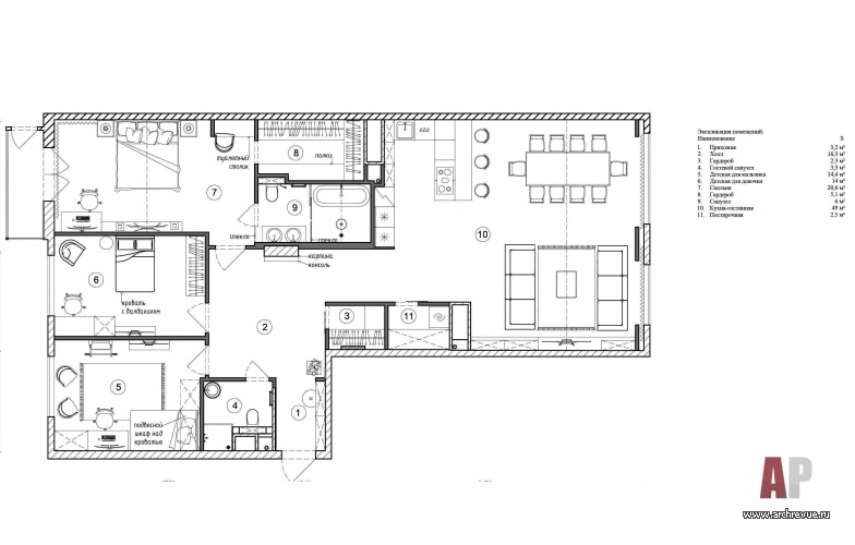 Перепланировка 4-х комнатной квартиры в ЖК «Сердце столицы». Общая площадь – 140 кв. м.