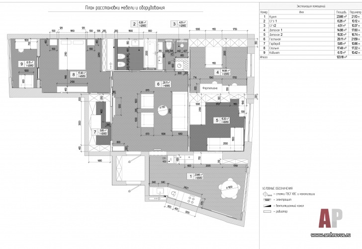Планировка четырехкомнатной квартиры для большой семьи. Общая площадь - 125 кв. м.