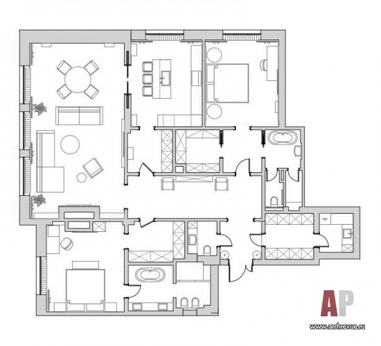 Планировка трехкомнатной квартиры в новом доме центра Москвы. Общая площадь – 190 кв. м.
