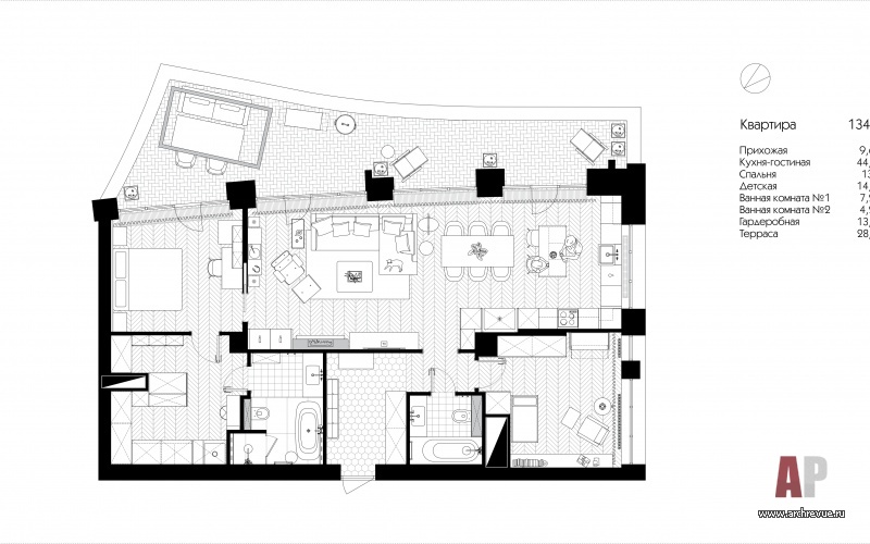 План трехкомнатной квартиры с террасой. Общая площадь – 135 кв. м.