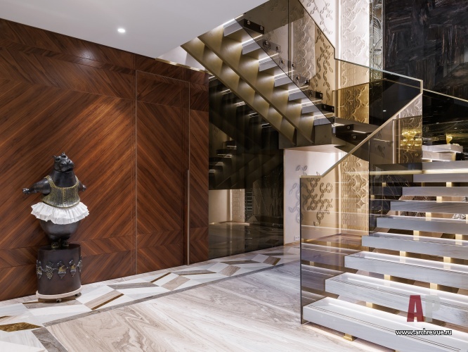 Фото интерьера лестничного холла пентхауса в стиле фьюжн