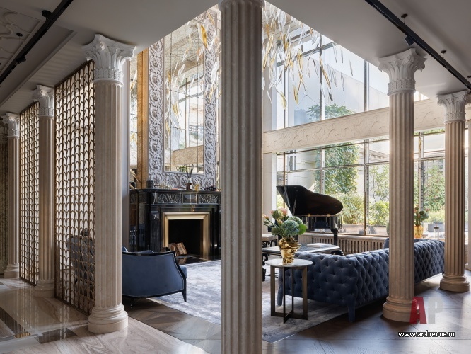 Фото интерьера гостиной пентхауса в стиле фьюжн 