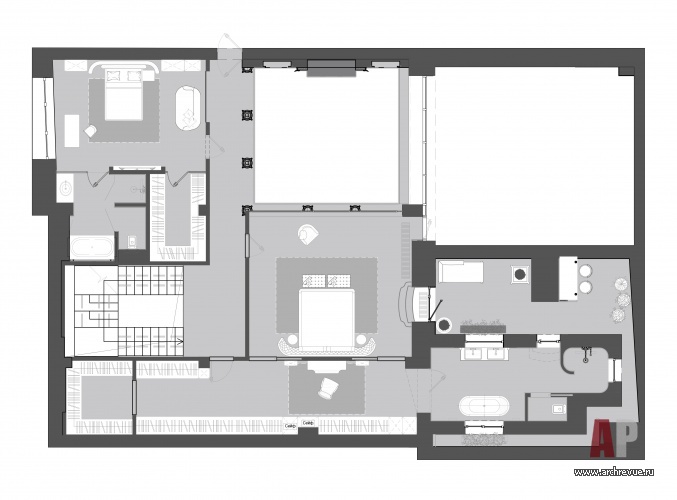 План второго этажа двухэтажного пентхауса в историческом особняке.