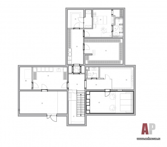 План третьего этажа трехэтажного дома в лесу. Общая площадь – 850 кв. м.