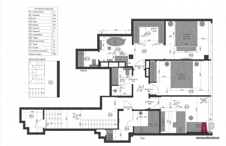 План второго этажа трехэтажной квартиры, 288 кв. м.