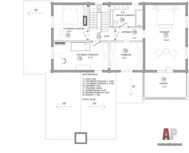 План второго этажа двухэтажного деревянного дома, 220 кв. м.