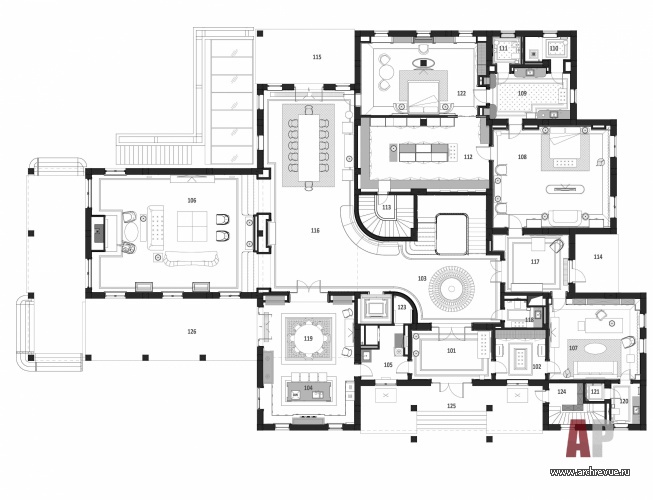 План первого этажа двухэтажной виллы. Общая площадь – 1728 кв. м.