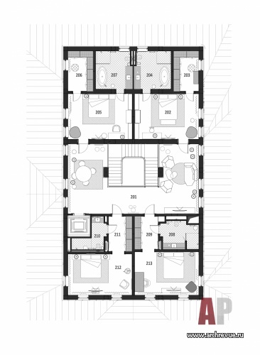 План второго этажа двухэтажной виллы. Общая площадь – 1728 кв. м.