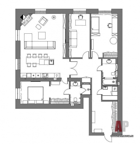 Планировка 4-х комнатной квартиры. Общая площадь – 145 кв. м.