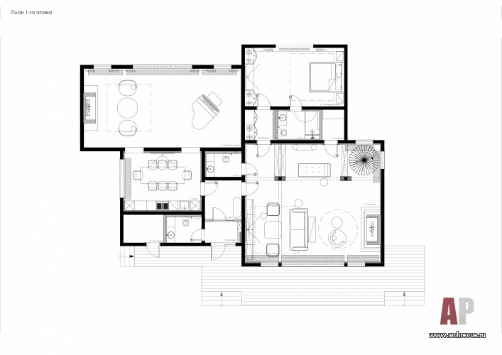 План первого этажа двухэтажного деревянного дома. Общая площадь – 253 кв. м.