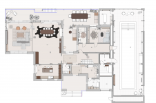 План первого этажа двухэтажного деревянного дома. Общая площадь – 490 кв. м.