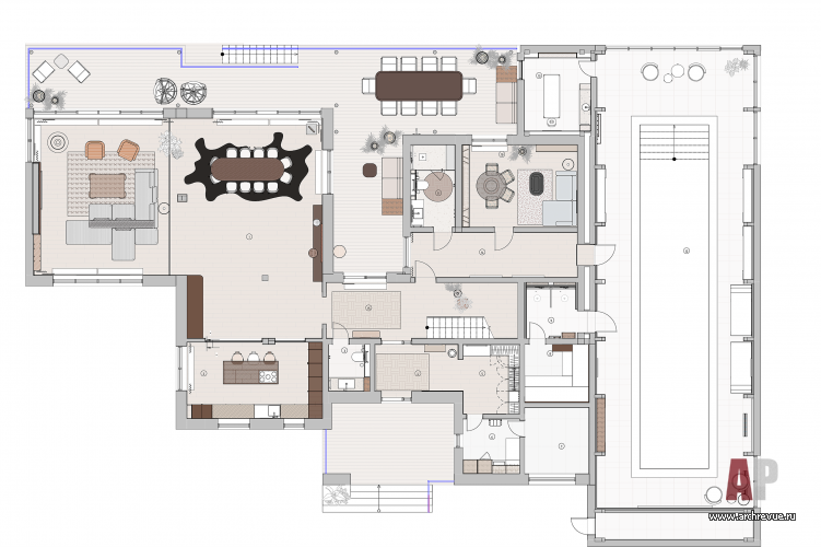 План первого этажа двухэтажного деревянного дома. Общая площадь – 490 кв. м.