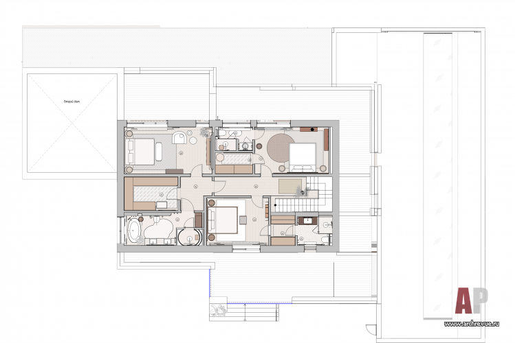 План второго этажа двухэтажного деревянного дома. Общая площадь – 490 кв. м.