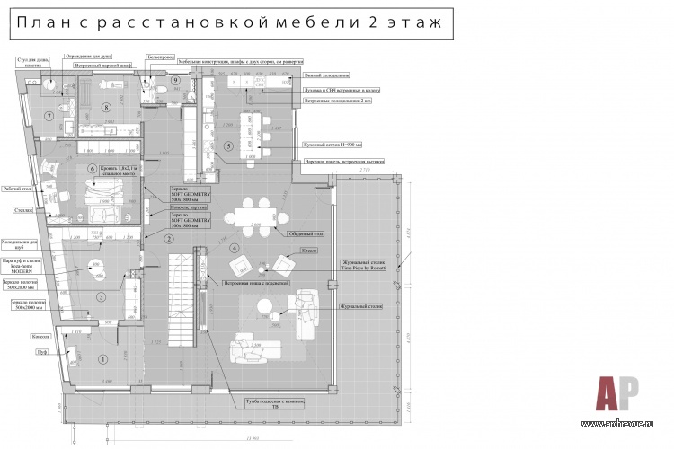 План второго этажа трехэтажного дома. Общая площадь – 600 кв. м.