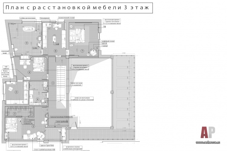 План третьего этажа трехэтажного дома. Общая площадь – 600 кв. м.
