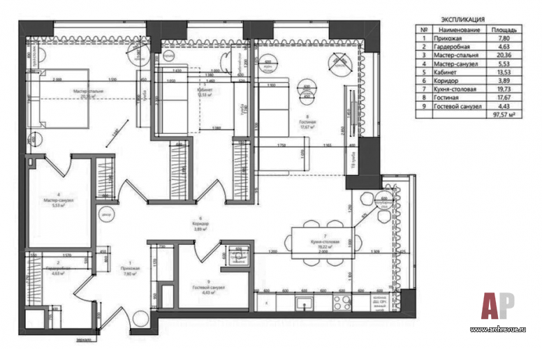 Планировка 3-х комнатной квартиры панорамной высотке. Общая площадь – 101 кв. м.
