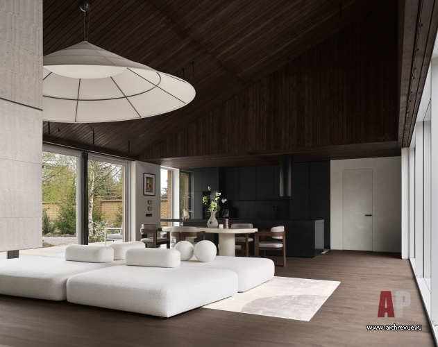 Фото интерьера гостиной деревянного дома в скандинавском стиле