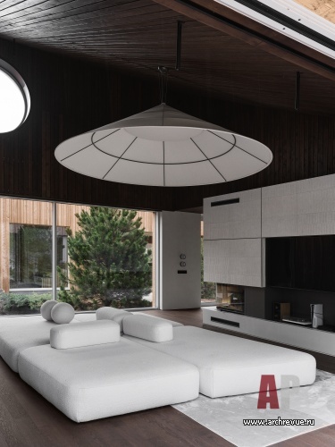 Фото интерьера гостиной деревянного дома в скандинавском стиле