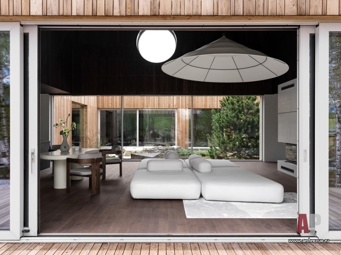 Фото интерьера гостиной деревянного дома в скандинавском стиле