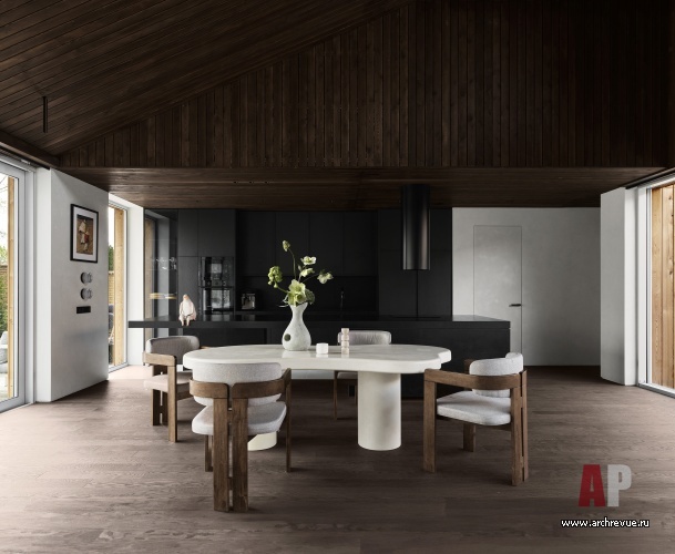 Фото интерьера столовой деревянного дома в скандинавском стиле
